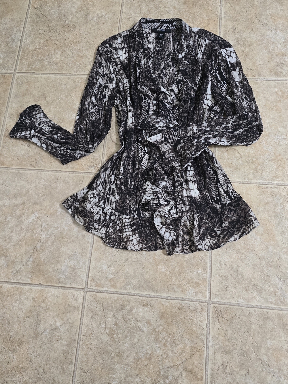 Style & Co. Black and White Snake-Print Ruffle Front Blouse